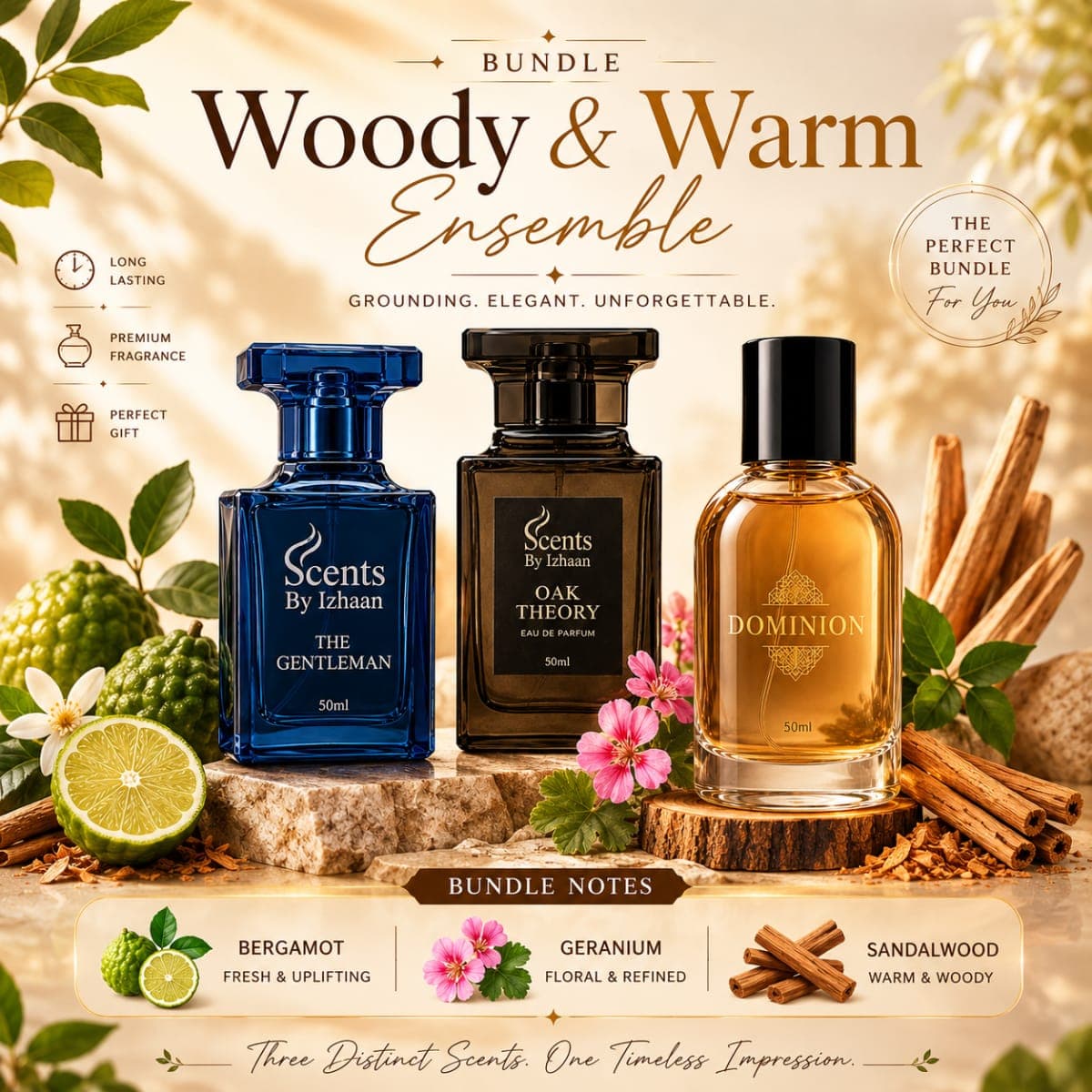 Woody & Warm Ensemble Trio - The Gentleman + Oak Theory + Dominion – A Cold‑Weather Trilogy – Men Perfume Bundle