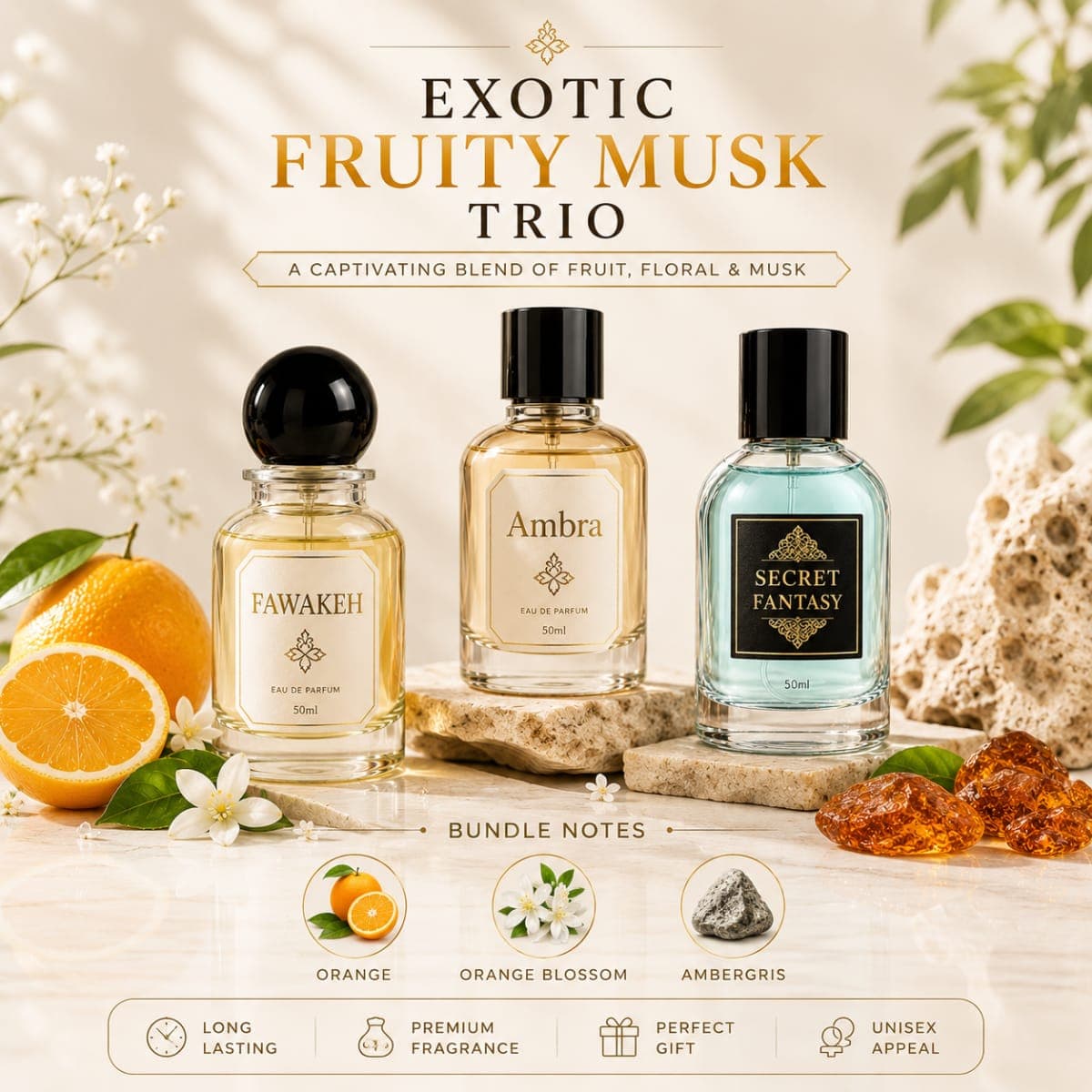 Exotic Fruity Musk Trio - FAWAKEH + Ambra + Secret Fantasy - A Fruity‑Musky Festival - Unisex Perfume Bundle